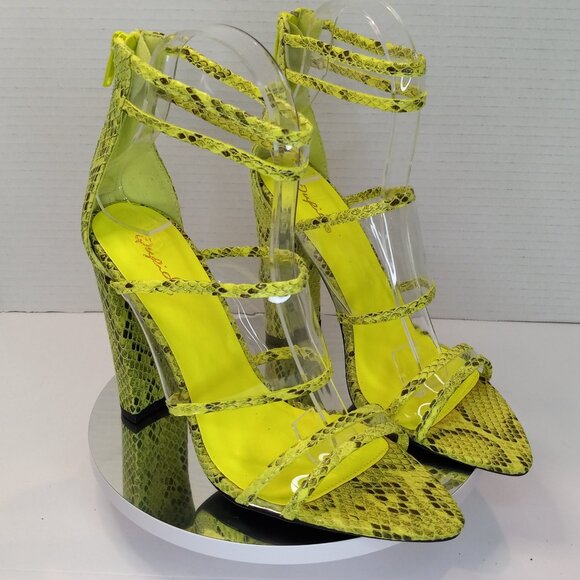 New w/o Box - Snakeskin Neon Yellow Chunky Heel - Ankle Strap - Clear Vamps - Picture 3 of 15